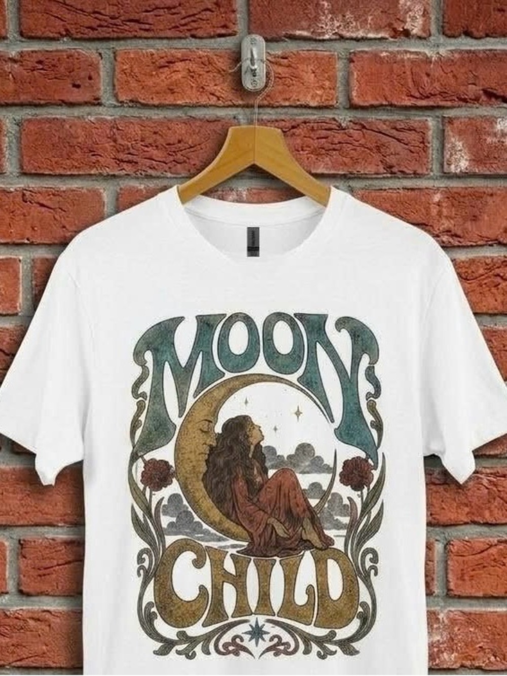 Moon Child Graphic T-shirt | Retro 70s Art Nouveau Celestial White T-shirt